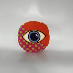 Hand Tufted Evil Eye Pillow Cover, Round Punch Needle Cushion, Orange Checkered Home Decor, All Seeing Throw - thumbnail 4