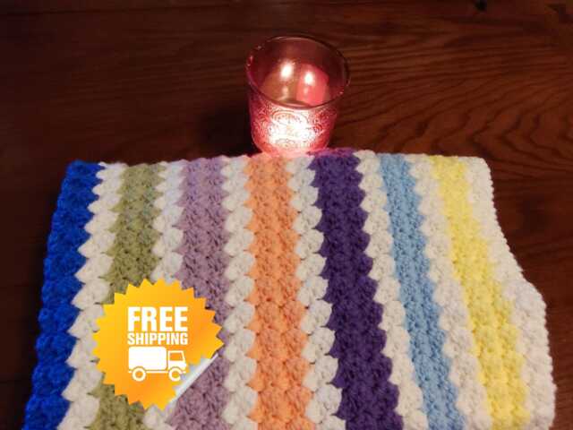 Handmade Crochet Baby Blanket Soft Acrylic Yarn, Rainbow Clouds Design - image 1