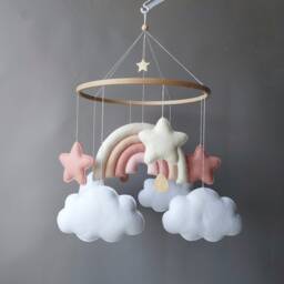 Baby Mobile Girl Rainbow Crib Cloud Nursery Musical For Baby Boho Decor Felt Pink Milky Stars Cot Hanging - thumbnail 2