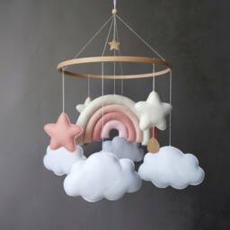 Baby Mobile Girl Rainbow Crib Cloud Nursery Musical For Baby Boho Decor Felt Pink Milky Stars Cot Hanging - thumbnail 3