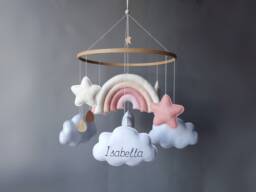Baby Mobile Girl Rainbow Crib Cloud Nursery Musical For Baby Boho Decor Felt Pink Milky Stars Cot Hanging - thumbnail 1