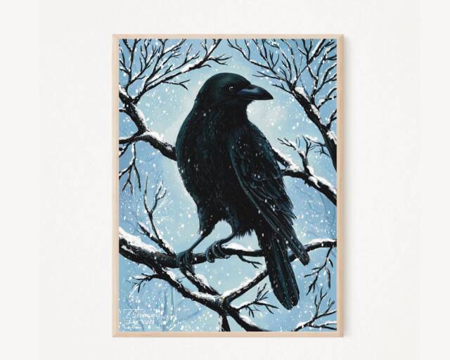 A5 A4 A3 Original Art Print - Spiritual Spirit Guide Art Wiccan Crow Fantasy Poster Whimsical Winter - image 1