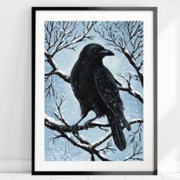 A5 A4 A3 Original Art Print - Spiritual Spirit Guide Art Wiccan Crow Fantasy Poster Whimsical Winter - thumbnail 4