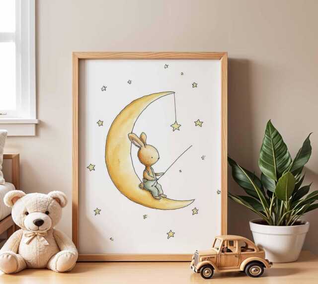 Moon Bunny Nursery Poster, Cute Animal Wall Art, Baby Room Decor, Kids Bedroom Print, Playroom Night Sky Artwork - image 1