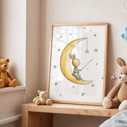 Moon Bunny Nursery Poster, Cute Animal Wall Art, Baby Room Decor, Kids Bedroom Print, Playroom Night Sky Artwork - thumbnail 3