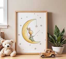 Moon Bunny Nursery Poster, Cute Animal Wall Art, Baby Room Decor, Kids Bedroom Print, Playroom Night Sky Artwork - thumbnail 1