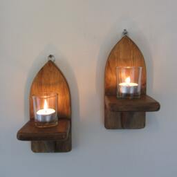 Pair Of Mini Gothic Style Rustic Waxed Wood Wall Sconce Tea Light Candle Holders & Glass 21cm - thumbnail 2