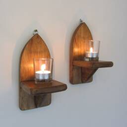Pair Of Mini Gothic Style Rustic Waxed Wood Wall Sconce Tea Light Candle Holders & Glass 21cm - thumbnail 3