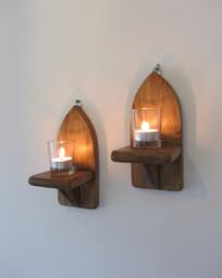 Pair Of Mini Gothic Style Rustic Waxed Wood Wall Sconce Tea Light Candle Holders & Glass 21cm