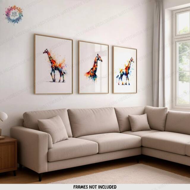 Giraffe Print Set - 3 Wall Art Posters - Animal Home Decor Watercolour Painting Design Giraffes Artwork Nature Prints Room Gift - image 1