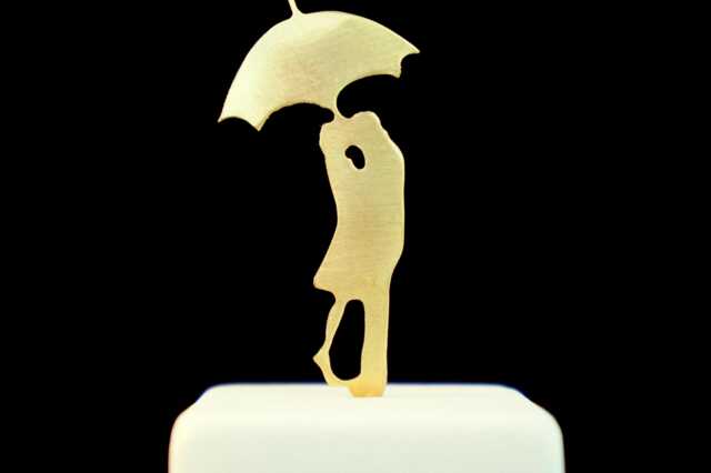 Gold Sculpture Of Couple On Marble, Lovers Under Umbrella Statue, Modern Romantic Art, Bronze Figurine - image 1