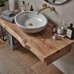 Solid Oak Wood Single Sink Floating Vanity Top, Wall Mount, Modern & Rustic Bathroom 100% Custom - thumbnail 3