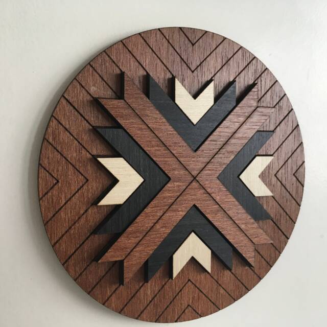 Aztec Geometric Wood Wall Art - Brown Round 1 - Macrame Hanging Boho Wooden Modern Minimal - image 1