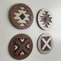 Aztec Geometric Wood Wall Art - Brown Round 1 - Macrame Hanging Boho Wooden Modern Minimal - thumbnail 3