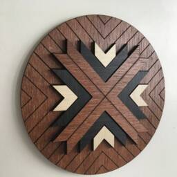 Aztec Geometric Wood Wall Art - Brown Round 1 - Macrame Hanging Boho Wooden Modern Minimal - thumbnail 1