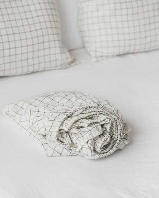 Charcoal Grid Linen Fitted Sheet - Windowpane Bedding Queen King Deep Pocket Soft Minimalist Black White Stonewashed - image 1