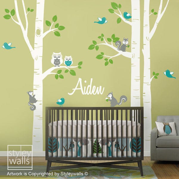 Birch Trees Wall Decal, Kids Personalized Nursery Forest Animals Owsl Squirrels Birds Baby Room Art Decor - image 1