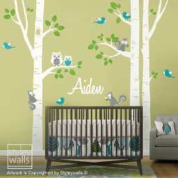 Birch Trees Wall Decal, Kids Personalized Nursery Forest Animals Owsl Squirrels Birds Baby Room Art Decor