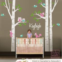 Birch Trees Wall Decal, Kids Personalized Nursery Forest Animals Owsl Squirrels Birds Baby Room Art Decor - thumbnail 2