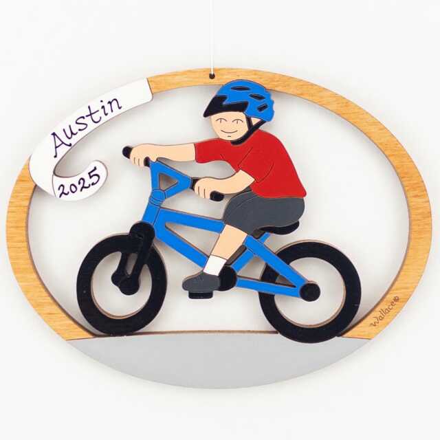 Personalized Boy Bike Riding Christmas Ornament - Wood, Laser Cut, Hand Painted - image 1