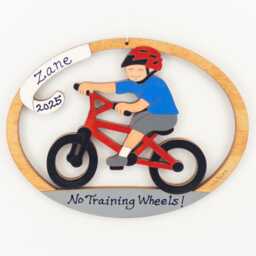 Personalized Boy Bike Riding Christmas Ornament - Wood, Laser Cut, Hand Painted - thumbnail 2