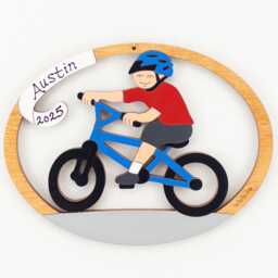 Personalized Boy Bike Riding Christmas Ornament - Wood, Laser Cut, Hand Painted