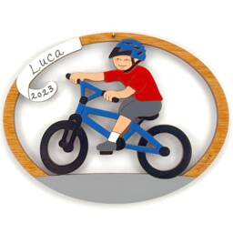 Personalized Boy Bike Riding Christmas Ornament - Wood, Laser Cut, Hand Painted - thumbnail 3