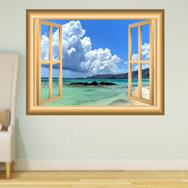 Beach Front Window Frame Sky Clouds Family Wall Decal Vinyl Peel & Stick Mural Nw88
