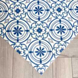 Blue & White Vinyl Runner Rug Floor Mat in Floral Portuguese Azulejos Porcelain Tile Pattern - thumbnail 4