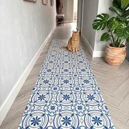 Blue & White Vinyl Runner Rug Floor Mat in Floral Portuguese Azulejos Porcelain Tile Pattern - thumbnail 3