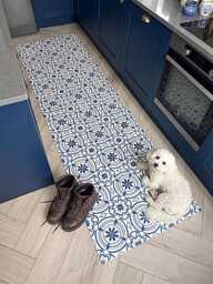 Blue & White Vinyl Runner Rug Floor Mat in Floral Portuguese Azulejos Porcelain Tile Pattern - thumbnail 1