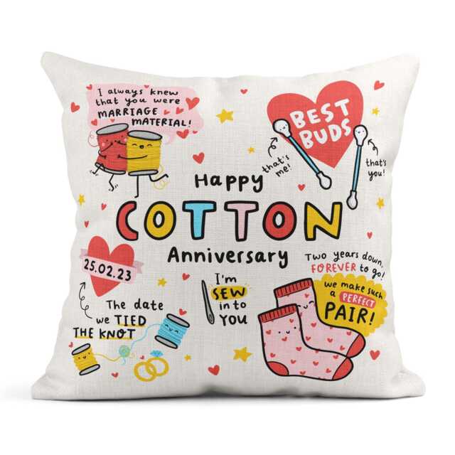 Happy Cotton Anniversary Cushion, Personalised 2nd Wedding Gift, Funny Linen Husband Wife Couple - image 1