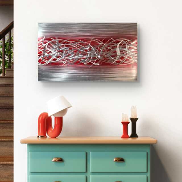 Charged. Modern Abstract Metal Wall Art, Red & Silver, Indoor/Outdoor - image 1