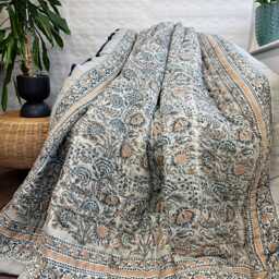 Quilted Pure Cotton Reversible Bed Throw King Size Summer Indian Quilt - Handmade Handprint Country Elegant White Grey Monochrome Floral - thumbnail 2