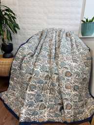 Quilted Pure Cotton Reversible Bed Throw King Size Summer Indian Quilt - Handmade Handprint Country Elegant White Grey Monochrome Floral - thumbnail 1