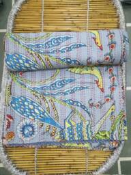 "Handmade Bird Print Kantha Quilt Indian Cotton Bedspread - 90""x108" - thumbnail 1