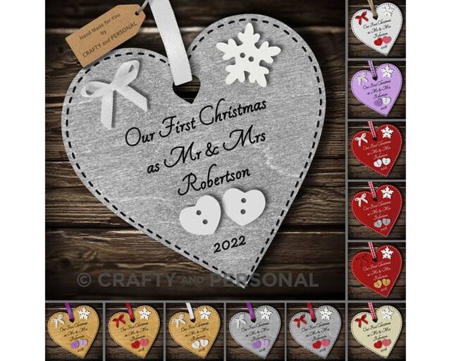 Personalised Our First 1st Christmas As Mr & Mrs Bauble Wooden Heart Tree Ornament Or Magnet Gift For Husband Wife Couple - image 1