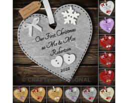 Personalised Our First 1st Christmas As Mr & Mrs Bauble Wooden Heart Tree Ornament Or Magnet Gift For Husband Wife Couple - thumbnail 1