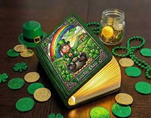 st. Patrick's Day Book Lamp, Lucky Night Light, Leprechaun Reading Rainbow & Shamrock Folding Led Pot Of Gold Light - image 1
