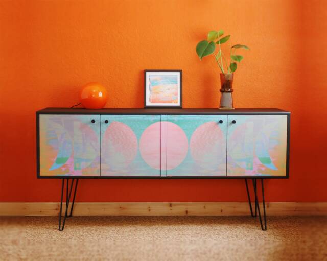 Moon Phases Glitch Art Sideboard - G Plan Credenza, Hairpin Legs - image 1