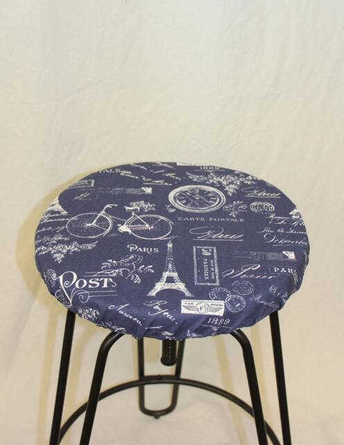 "Round Barstool Cover With Cushioned Foam Elasticized, Paris French Stamp Blue & White Kitchen Stool Padded 12"" To 20" - image 1