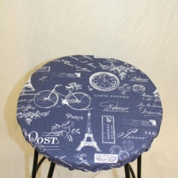 "Round Barstool Cover With Cushioned Foam Elasticized, Paris French Stamp Blue & White Kitchen Stool Padded 12"" To 20" - thumbnail 2