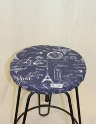 "Round Barstool Cover With Cushioned Foam Elasticized, Paris French Stamp Blue & White Kitchen Stool Padded 12"" To 20"