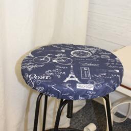 "Round Barstool Cover With Cushioned Foam Elasticized, Paris French Stamp Blue & White Kitchen Stool Padded 12"" To 20" - thumbnail 3