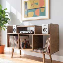 Record Player Stand, Vinyl Storage, Mid Century Hifi Console, Turntable Cabinet - thumbnail 3