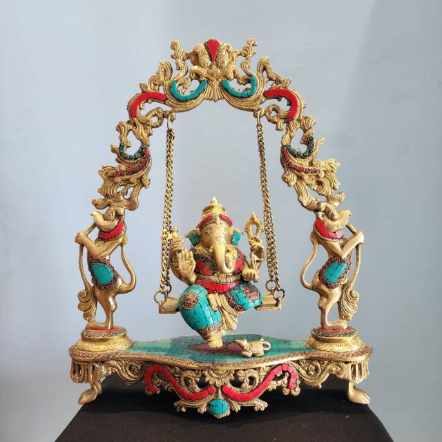 Brass Swinging Ganesha Statue Stone Inlay, Diwali Decor - image 1