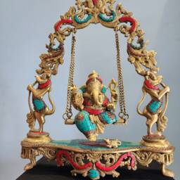 Brass Swinging Ganesha Statue Stone Inlay, Diwali Decor - thumbnail 3