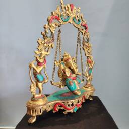 Brass Swinging Ganesha Statue Stone Inlay, Diwali Decor - thumbnail 4