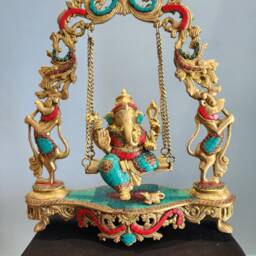 Brass Swinging Ganesha Statue Stone Inlay, Diwali Decor - thumbnail 2