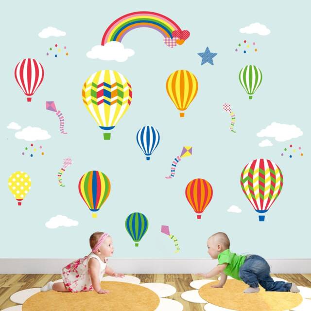 Hot Air Balloon Decal, Kites, Rainbow Baby Wall Stickers. Nursery Room Decor, Gender Neutral, Multi Coloured Girls & Boys Bedroom Stencil - image 1